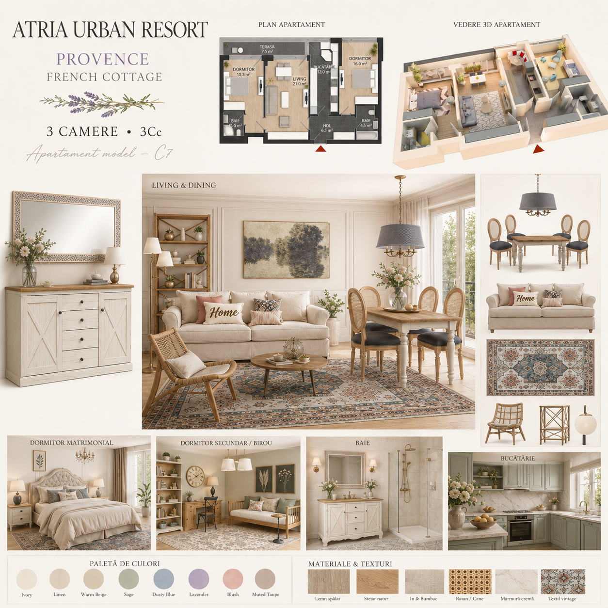 amenajare apartament cu 3 camere in stil French Cottage